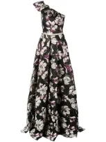 Marchesa Notte One Shoulder Black Metallic Floral Gown