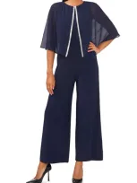 Chaus Split Front Cape Sleeve Wide Leg Jumpsuit In Jbs Navy