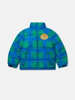 Stella Mccartney Kids' Sunshine Face Checked Puffer Coat In Blue