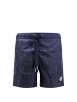 Moncler Logo Patch Drawstring Swim Shorts In Navy