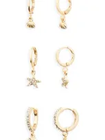 Bp. Set Of 3 Starfish Huggie Hoop Earrings In Goldlear