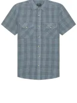 Brixton Memphis Linen Blend Short Sleeve Shirt In Flint Stone Blue & Cinder Grey