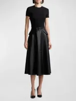 Ralph Lauren Mixed-media Leather Knit Short-sleeve Midi Dress In Black