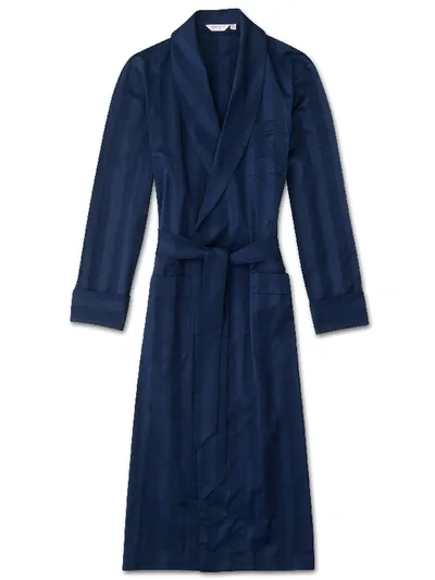 Derek Rose Lingfield Satin-striped Cotton Robe In Navy