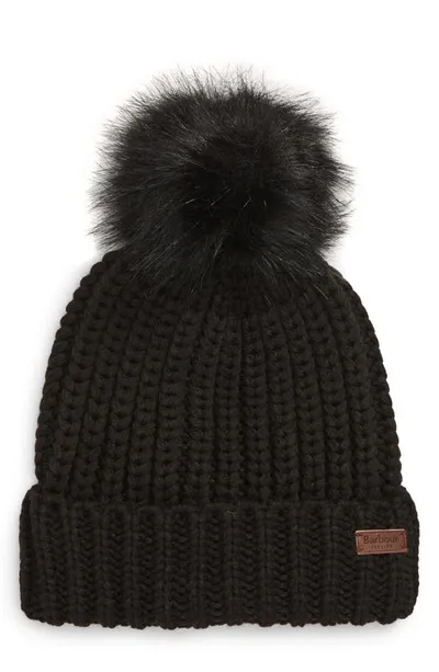 Barbour Saltburn Knit Beanie With Faux Fur Pom In Black