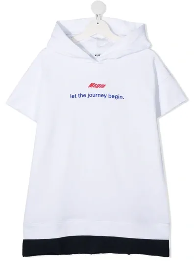 Msgm Kids' Slogan Print Short-sleeved Hoodie In White