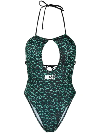 Diesel Chain-print Plunge Swimsuit In Black