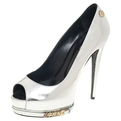 Pre-owned Philipp Plein Phillip Plein Silver Leather Peep Toe Buckle Detail Platform Pumps Size 38