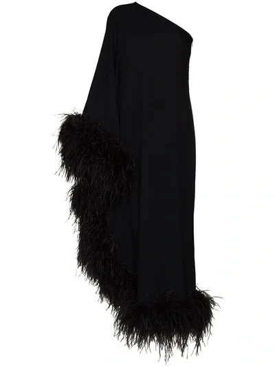 Taller Marmo Ubud One-shoulder Feather-trimmed Crepe Maxi Dress In Black