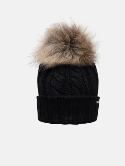 Woolrich Wool Raccoon Pompom Hat Beanie With Pom Poms Black Virgin Wool Woman