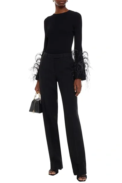 Valentino Feather-trimmed Ribbed-knit Top In Black