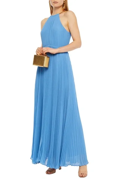 Michael Michael Kors Chain-trimmed Plissé Chiffon Maxi Dress In Blue