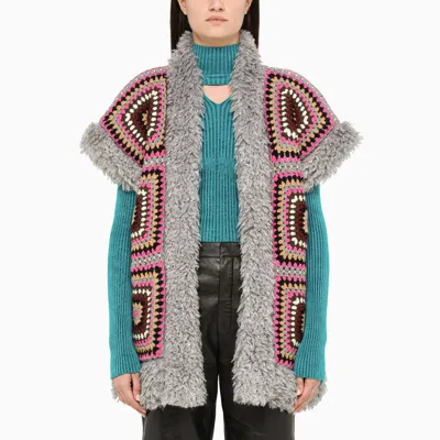 Tu Lizé Grey Fur-effect Crochet Reversible Waistcoat In ["grey"/ "multicolor"/ "print"]