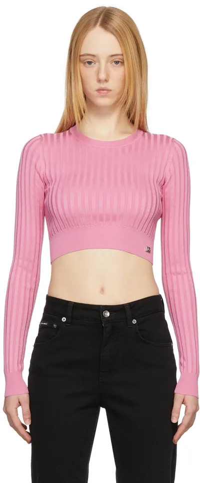 Dolce & Gabbana Dg Ribbed-knit Silk Cropped Sweater In Pink