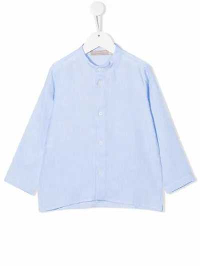 La Stupenderia Kids' Banded-collar Linen Shirt In Blue