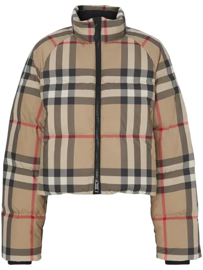 Burberry Check Cropped Puffer Jacket In Archive Beige Check