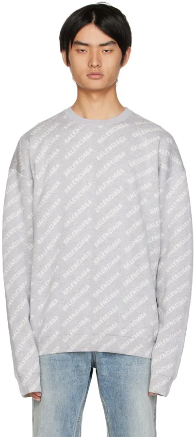 Balenciaga Sweater With All-over Inlay Logo Grey-white In Grey White