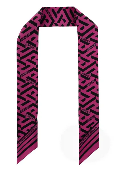 Versace La Greca Scarf In Fuchsia And Gold Silk In Pink