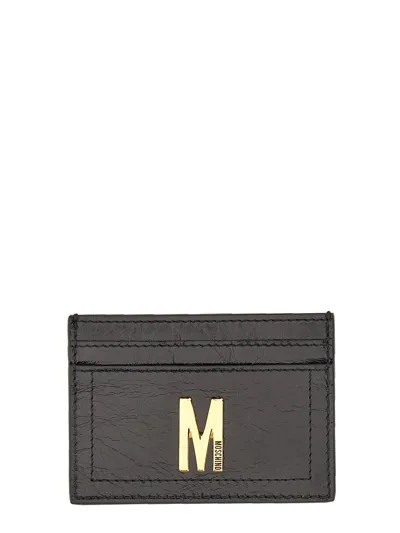 Moschino Card Holder With Gold Plaque In Black