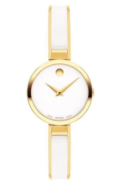 Movado Women's Moda Swiss Quartz White Ceramic Yellow Pvd Bangle Watch 24mm