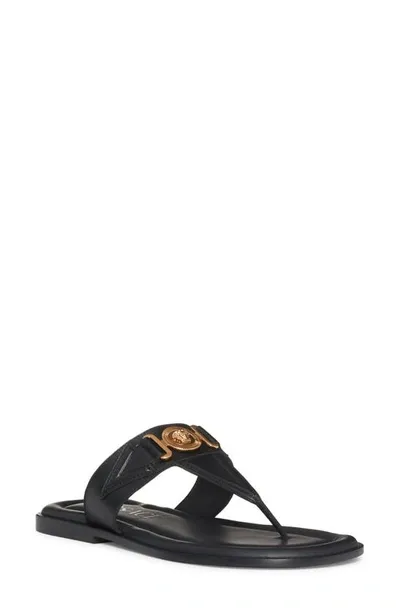 Versace La Medusa Leather Flip Flops In Black+gold