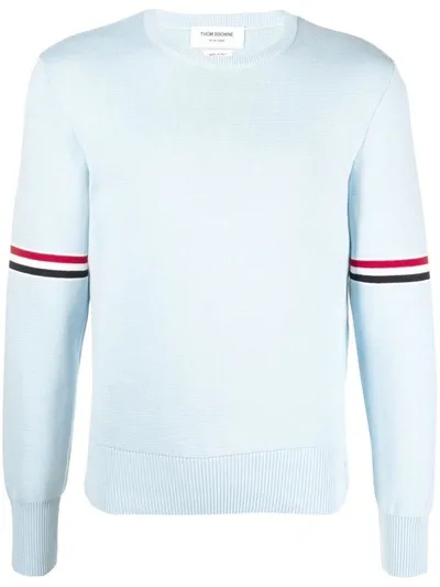 Thom Browne Milano Stitch Cotton Stripe Sleeve Pullover In 480 Light Blue