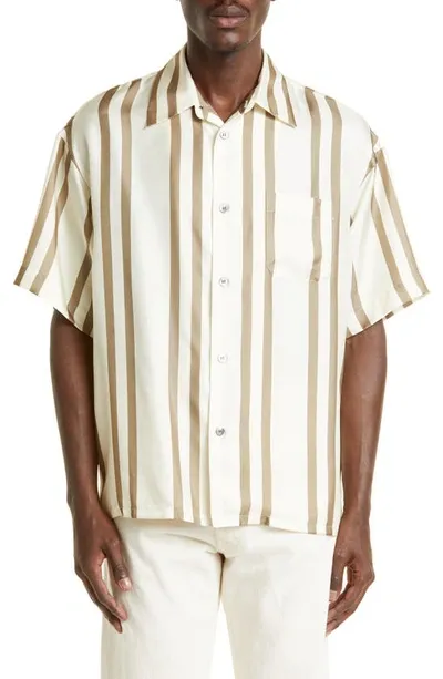 John Elliott Stripe Short Sleeve Silk Button-up Shirt In Bark Salt Stripe