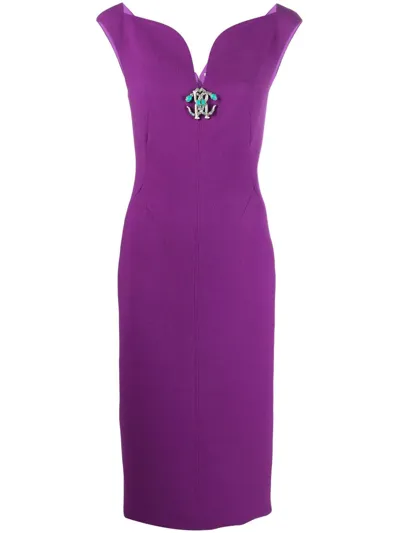 Roberto Cavalli V-neck Pencil Midi Dress In Purple