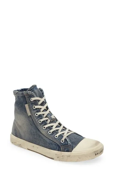 Balenciaga Paris Distressed-denim High-top Trainers In Blue