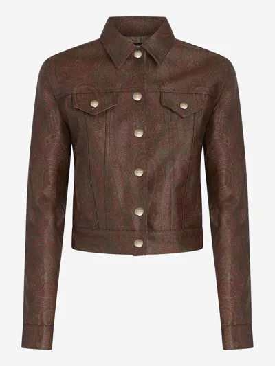 Etro Cropped Paisley-print Coated Cotton-blend Canvas Jacket In Brown