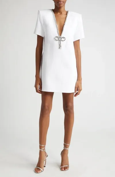 Area Crystal Bow V-neck T-shirt Dress In White