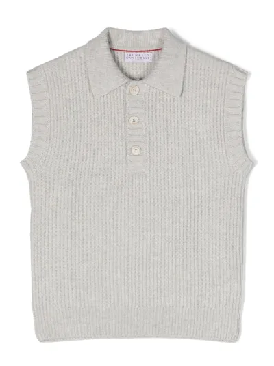 Brunello Cucinelli Kids' Ribbed-knit Cashmere Polo Vest In Grey