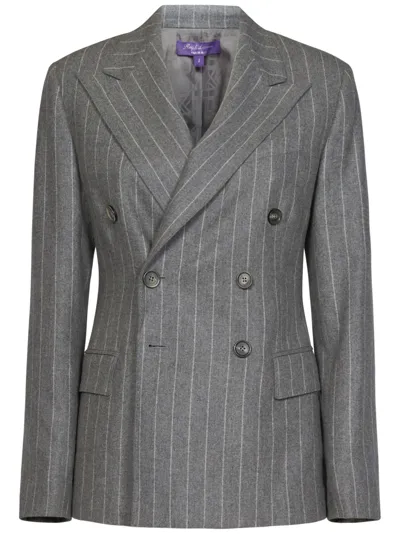 Ralph Lauren Safford Chalk Stripe Double-breast Flannel Blazer In Classic Light Grey Cream