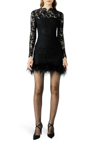 Sau Lee Mara Lace Feathered-hem Mini Bodycon Dress In Black