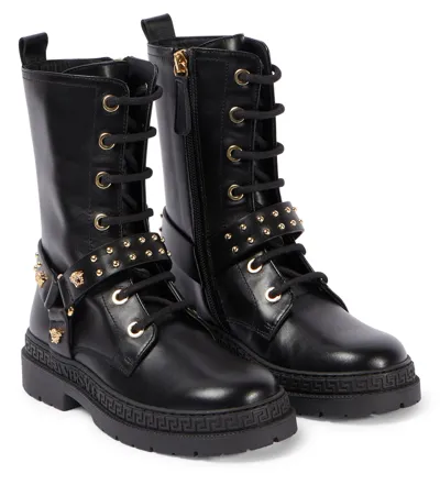 Versace Kids' Biker Leather Boots In Black