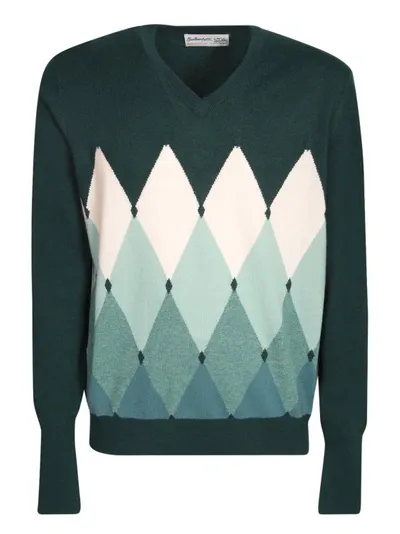 Ballantyne Green Cashmere Sweater With Diamond Pattern In Black