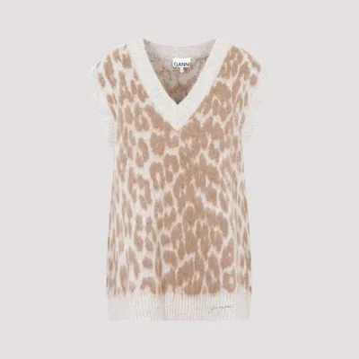 Ganni Sleeveless Leopard Jacquard Oversized Vest In Neutrals