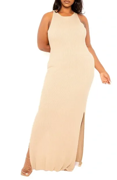 Buxom Couture Ribbed Maxi Sweater Dress In Beige