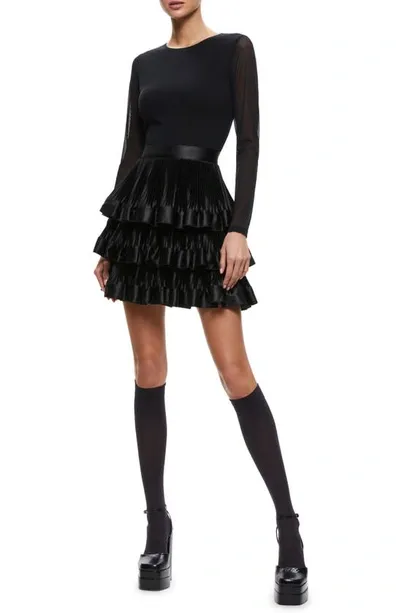 Alice And Olivia Chara Longsleeve Crewneck Tiered Ruffle Mini Dress In Black