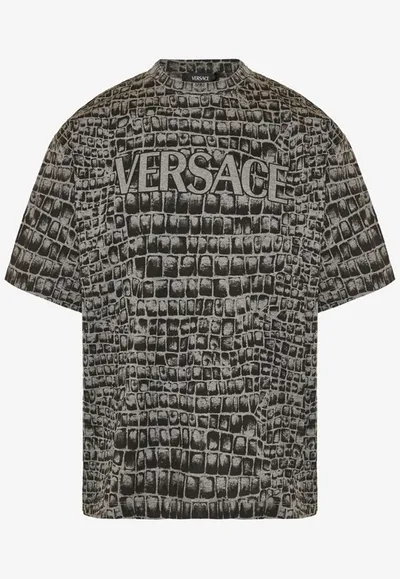 Versace Coccodrillo-print Cotton T-shirt In Gray