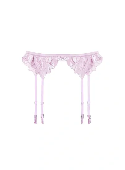 Fleur Du Mal Velvet Lily Embroidery Garter Belt In Velvet Pink Lavender