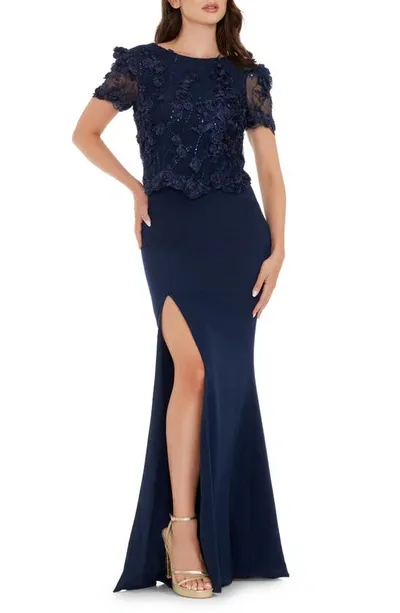 Dress The Population Ramona Embellished Side Slit Gown In Navy