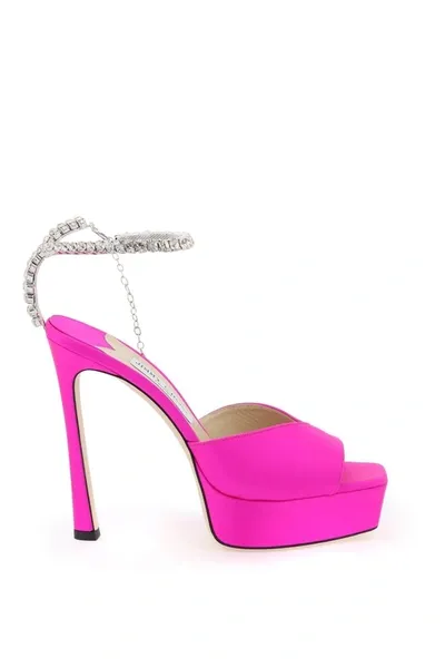 Jimmy Choo Saeda 125 Embellished Satin Platform Pumps In Pink