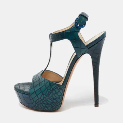 Pre-owned Casadei Green Croc Embossed Leather T-bar Platform Ankle Strap Sandals Size 38