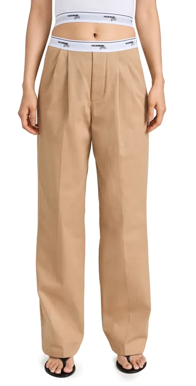 Hommegirls Brown Pleated Trousers In Khaki