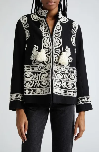 Bode Estate Tasseled Embroidered Wool-felt Jacket In Black White