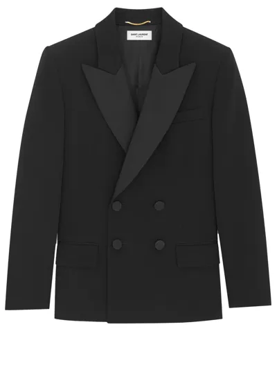 Saint Laurent Tuxedo Jacket In Grain De Poudre In Black