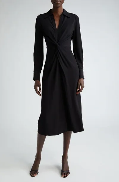 St John Knot-waist Long-sleeve Satin Crepe Midi Shirtdress In Black