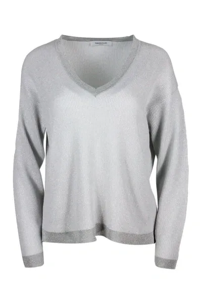 Fabiana Filippi V-neck Cotton Blend Sweater Embellished With Lurex Rows With Contrasting Color Edges In White