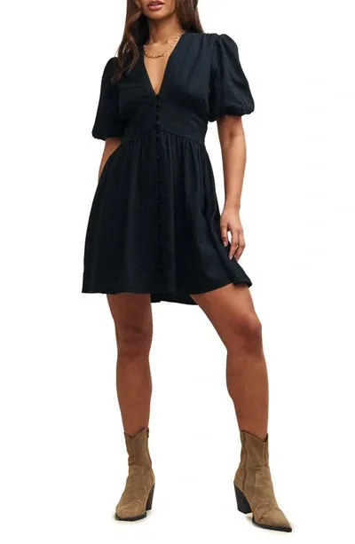 Nobody's Child Starlight Linen Blend Seersucker Button Front Minidress In Black